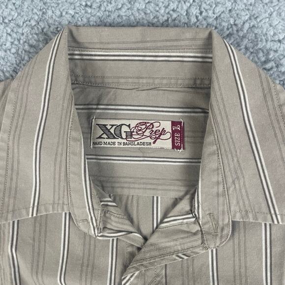 XG Prep Men's Large Brown Striped Crest Short Sleeve Button Up Shirt - Picture 3 of 16
